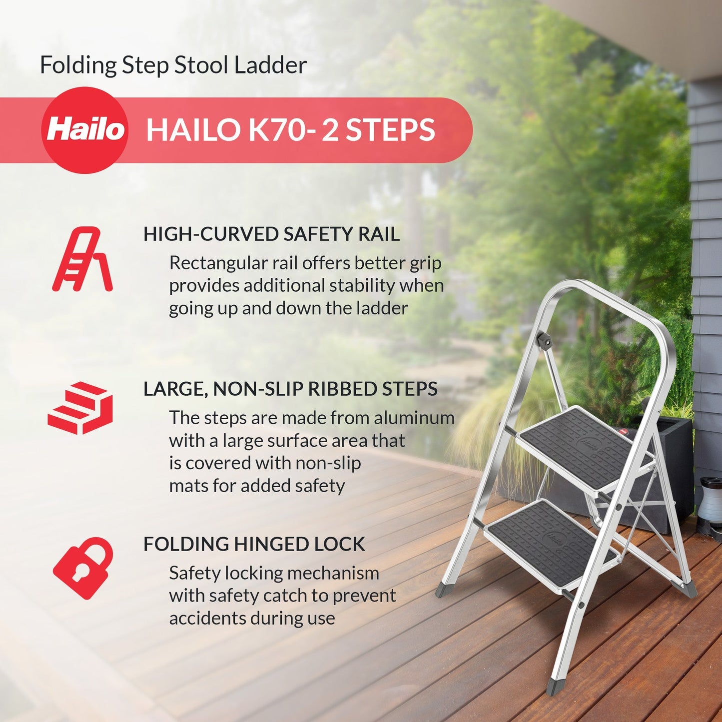 Hailo 2-Tread Household Step Stool, 11.8" Wide Step, 330 lb Capacity, Silver