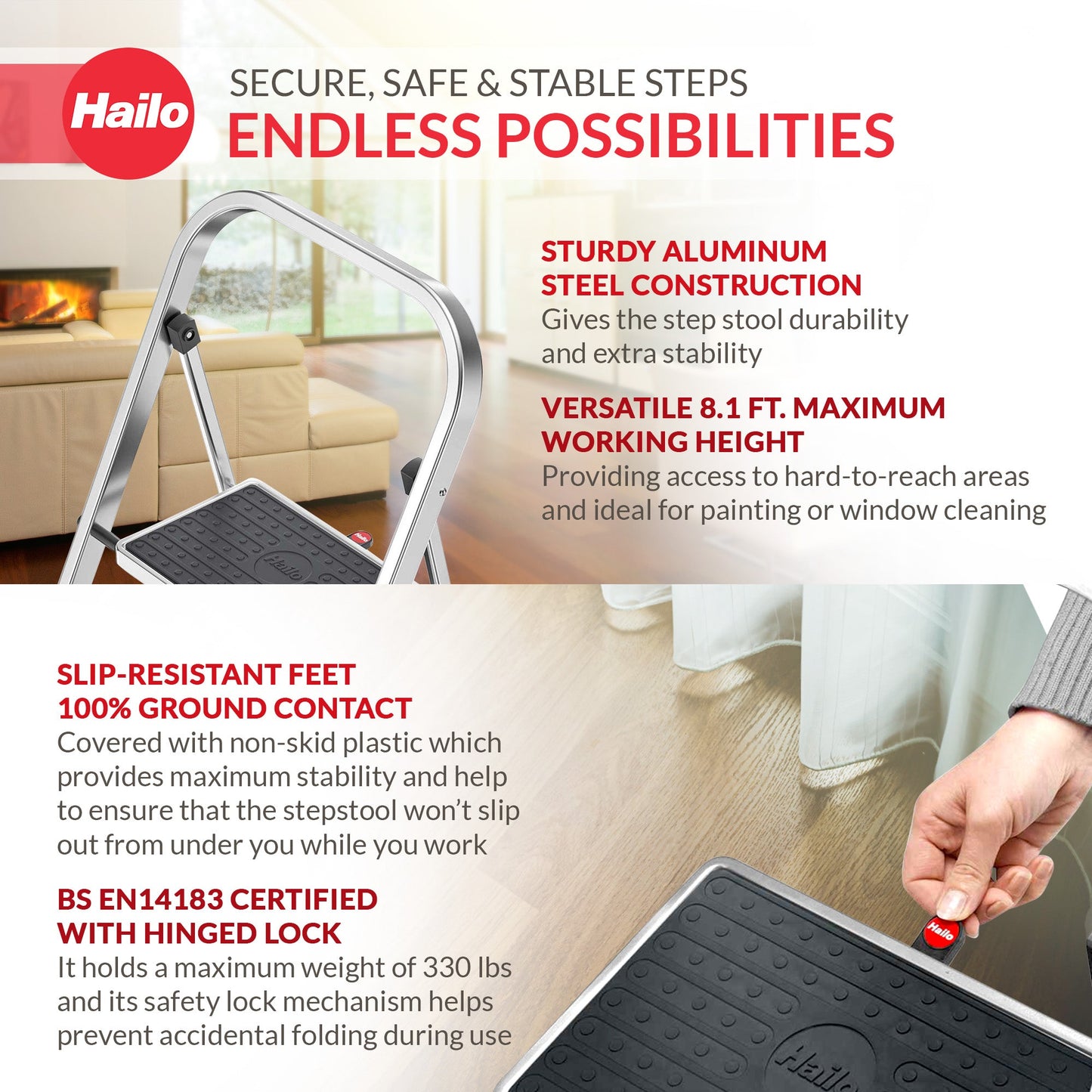 Hailo 2-Tread Household Step Stool, 11.8" Wide Step, 330 lb Capacity, Silver