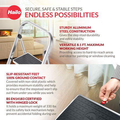Hailo 2-Tread Household Step Stool, 11.8" Wide Step, 330 lb Capacity, Silver