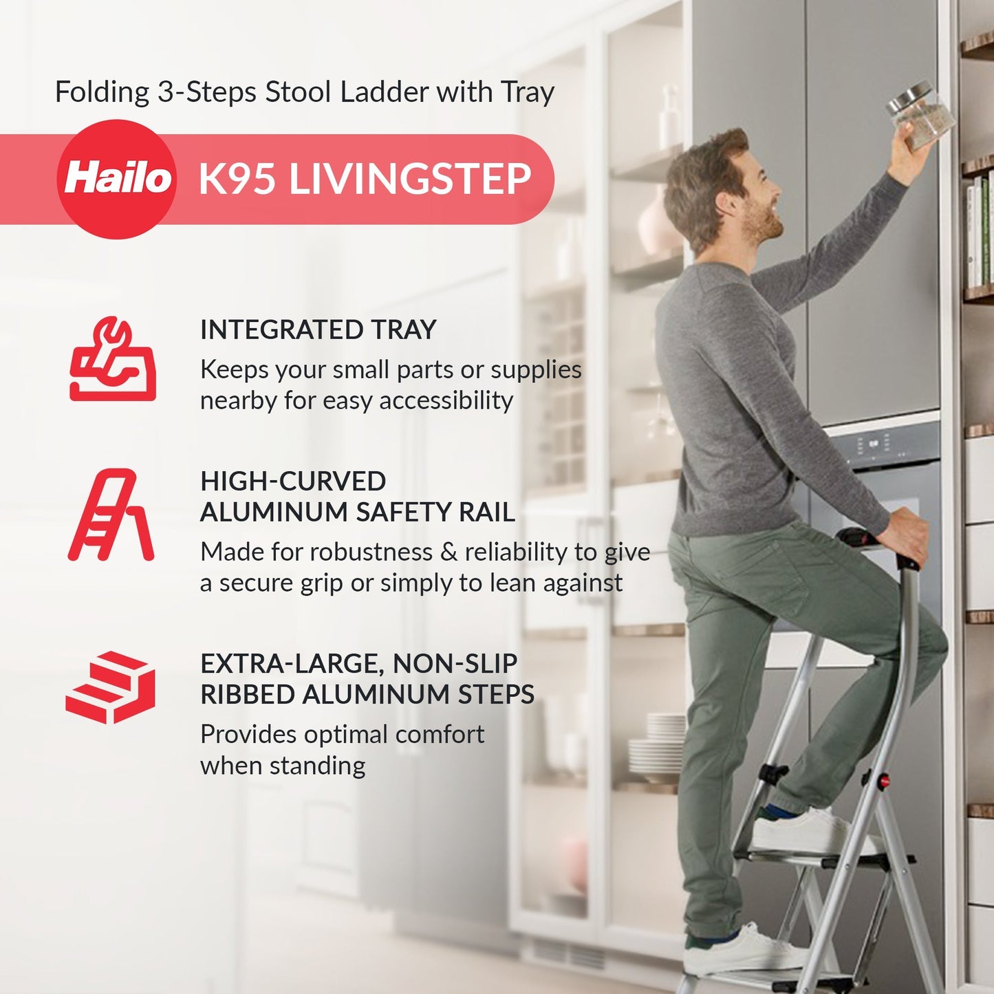 Hailo Folding Step Stool, 3 Step Ladder w/Tray for Home & Kitchen, K95, Silver