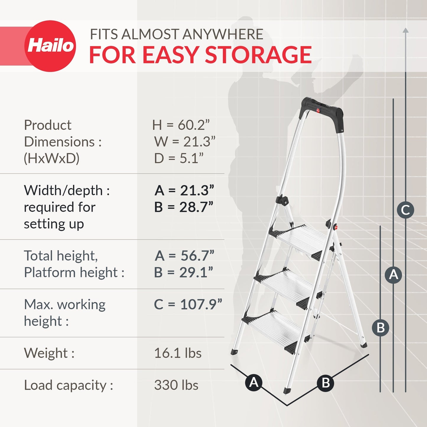 Hailo Folding Step Stool, 3 Step Ladder w/Tray for Home & Kitchen, K95, Silver