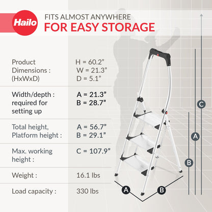 Hailo Folding Step Stool, 3 Step Ladder w/Tray for Home & Kitchen, K95, Silver