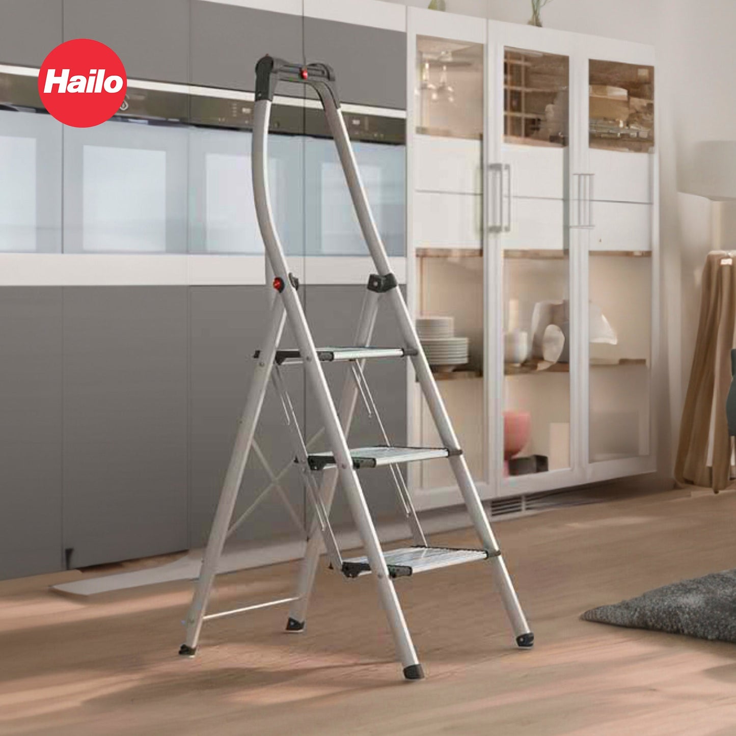 Hailo Folding Step Stool, 3 Step Ladder w/Tray for Home & Kitchen, K95, Silver