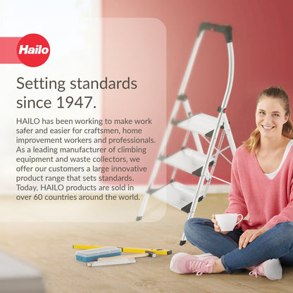 Hailo Folding Step Stool, 3 Step Ladder w/Tray for Home & Kitchen, K95, Silver