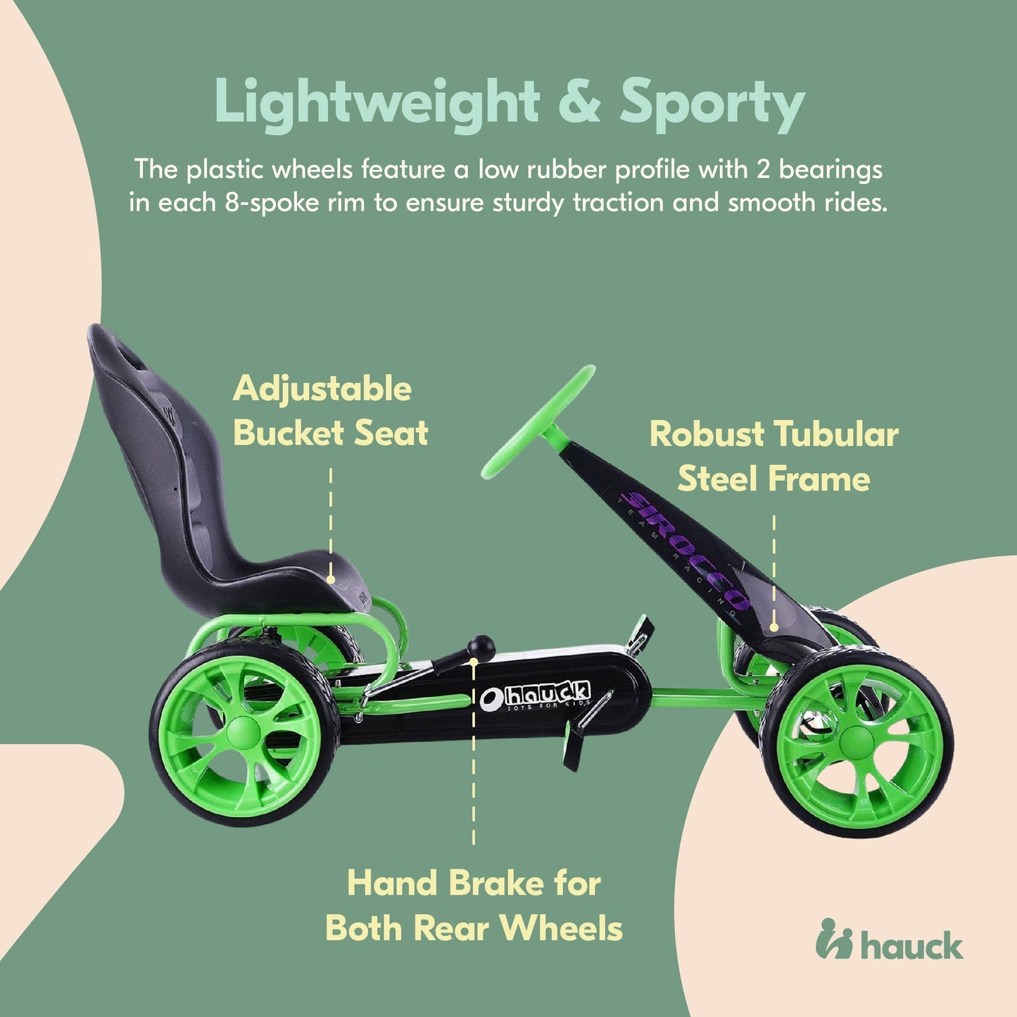hauck Sirocco Racing Clutch Free Go Kart with Low Profile Rubber Tires, Green
