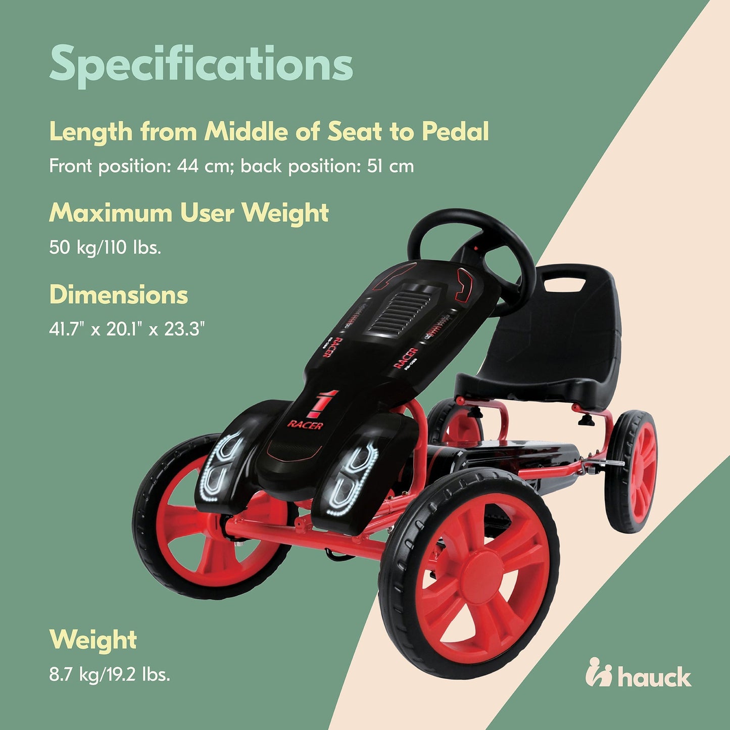 Hauck Speedster Pedal Go Kart & Adjustable Bucket Seat, Kids Ages 4-8, Black/Red