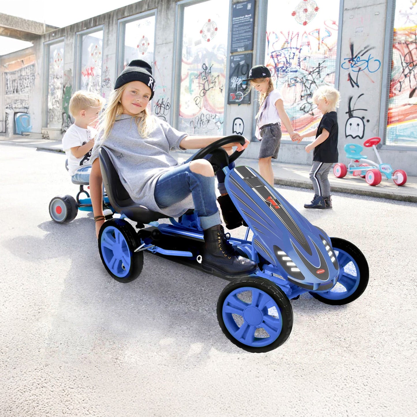 Hauck Speedster Pedal Go Kart with Adjustable Bucket Seat, Kids Ages 4-8, Blue