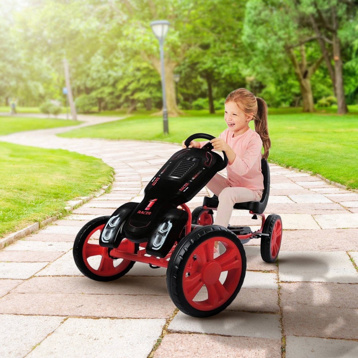 Hauck Speedster Pedal Go Kart & Adjustable Bucket Seat, Kids Ages 4-8, Black/Red