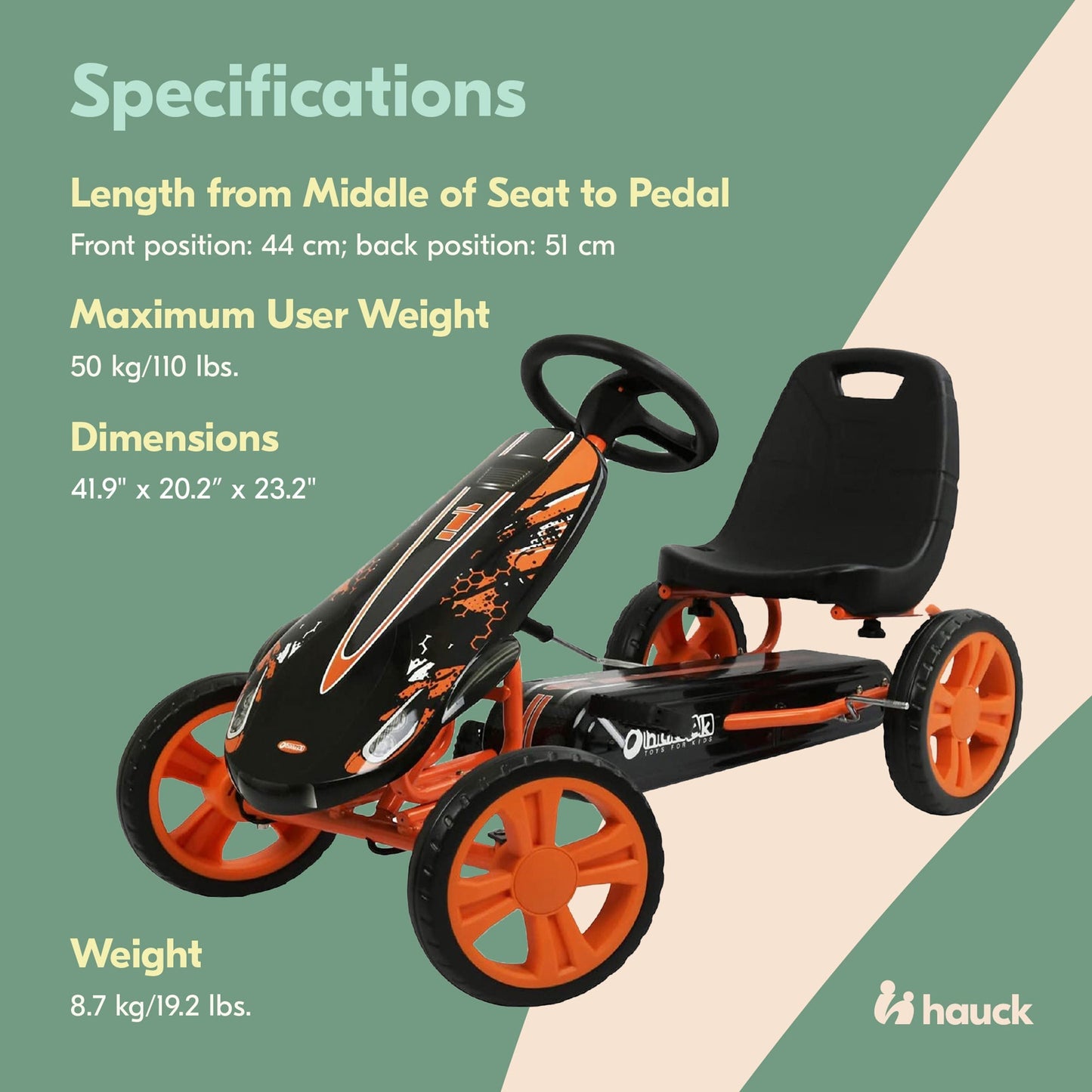 hauck Speedster Pedal Car w/ 3 Way Adjustable Bucket Seat & Steel Frame, Orange