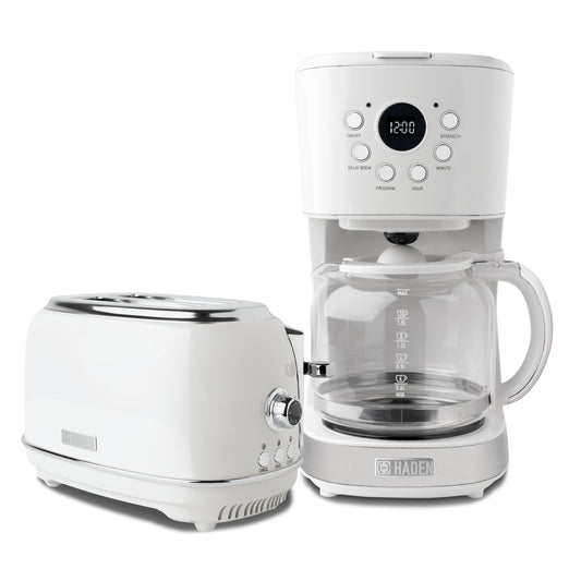 Haden 12 Cup Coffee Maker with 2 Slice Wide Stainless Steel Bread Toaster, White