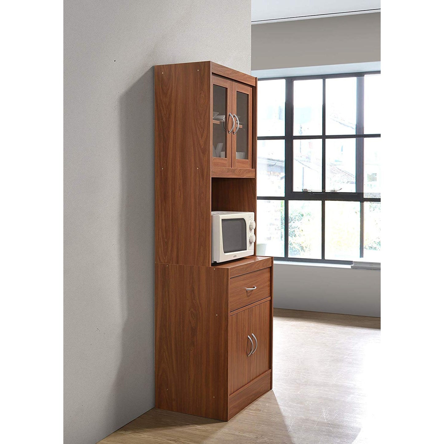 Hodedah Import 70 In Tall Top/Bottom Enclosed Kitchen Cabinet w/ Drawer, Cherry