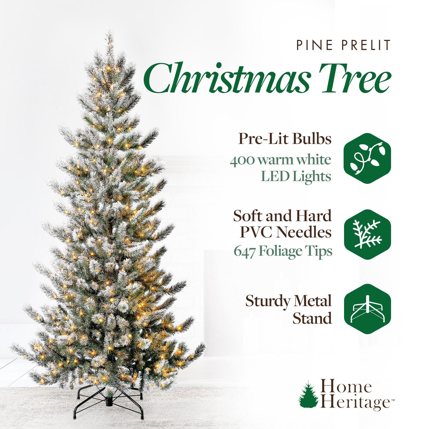 Home Heritage Natural Pine 7' Flocked 400 LED Pre-Lit Artificial Christmas Tree