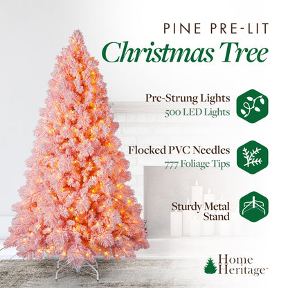 Home Heritage Snowdrift 6.5 Ft Pre-Lit Artificial Christmas Holiday Tree, Pink