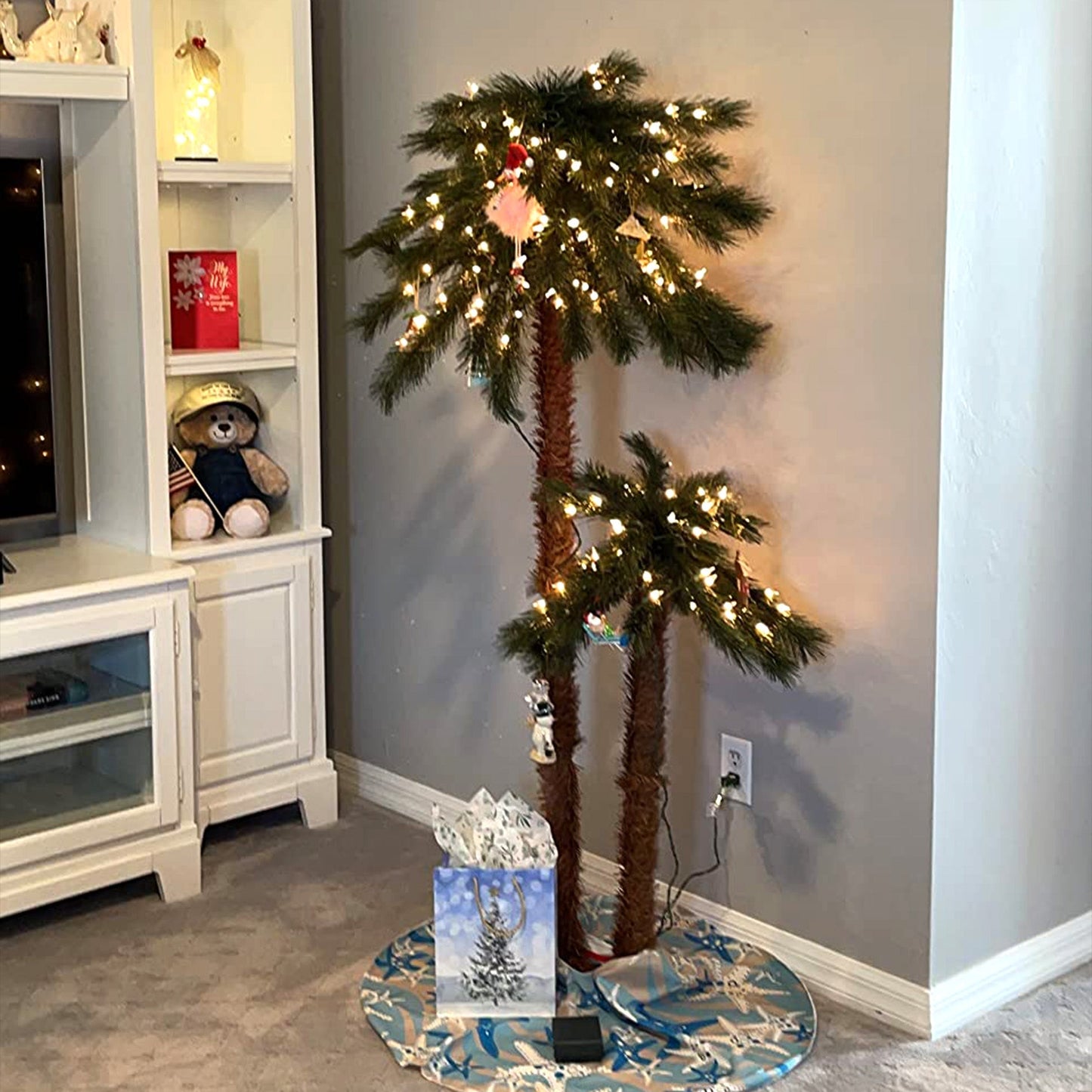 Home Heritage 5' and 3' 150 LED Pre-Lit Artificial Double Christmas Palm Tree