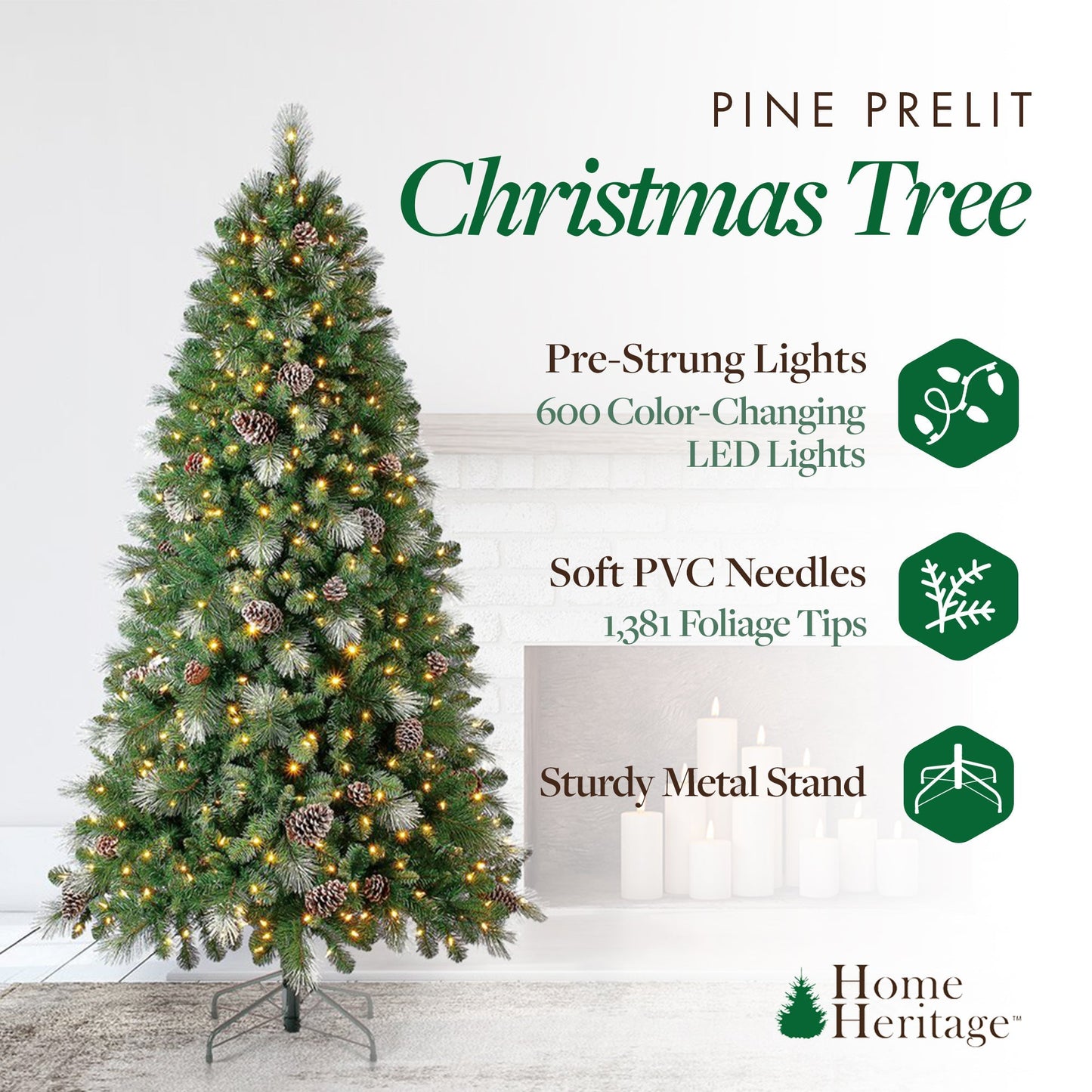 Home Heritage Lincoln 7' Pre-Lit Artificial Christmas Tree, Pinecones & Glitter