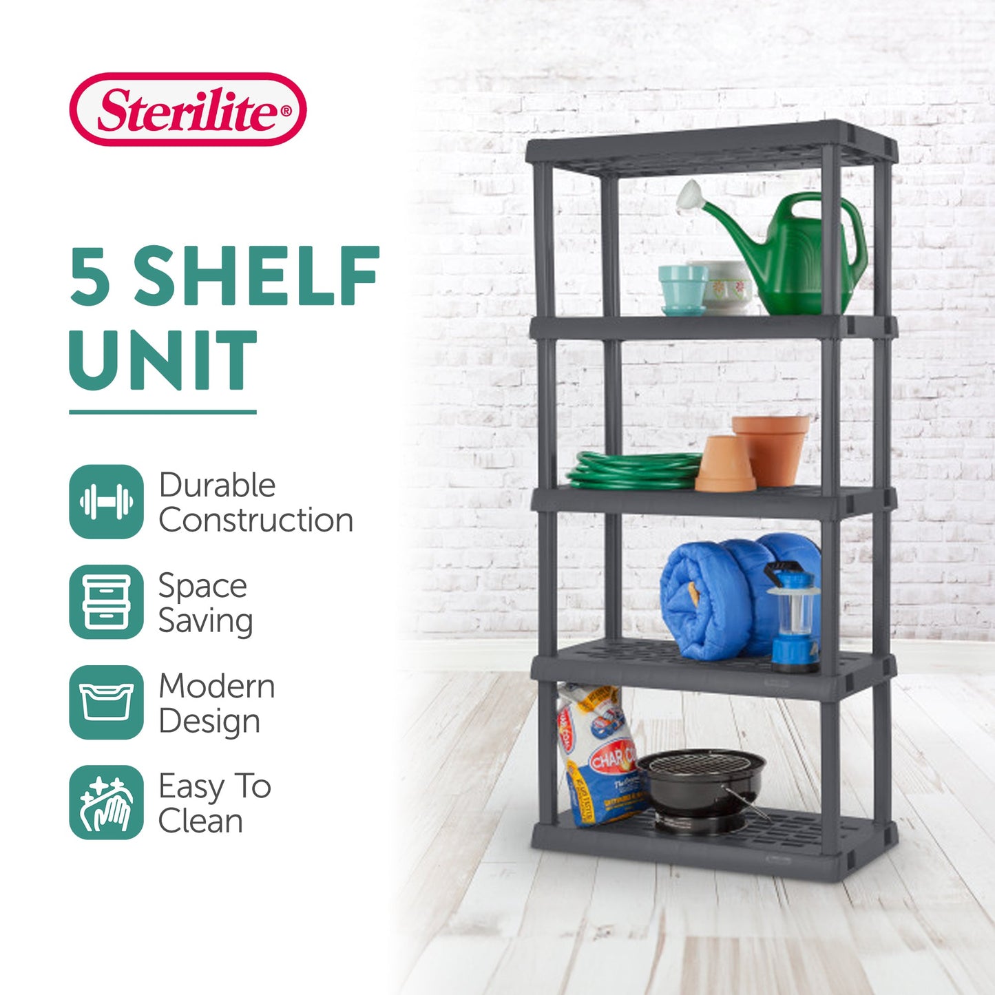 Sterilite 75.2 Inch Heavy Duty Durable 5 Shelf Ventilated Shelving Unit, 4 Pack