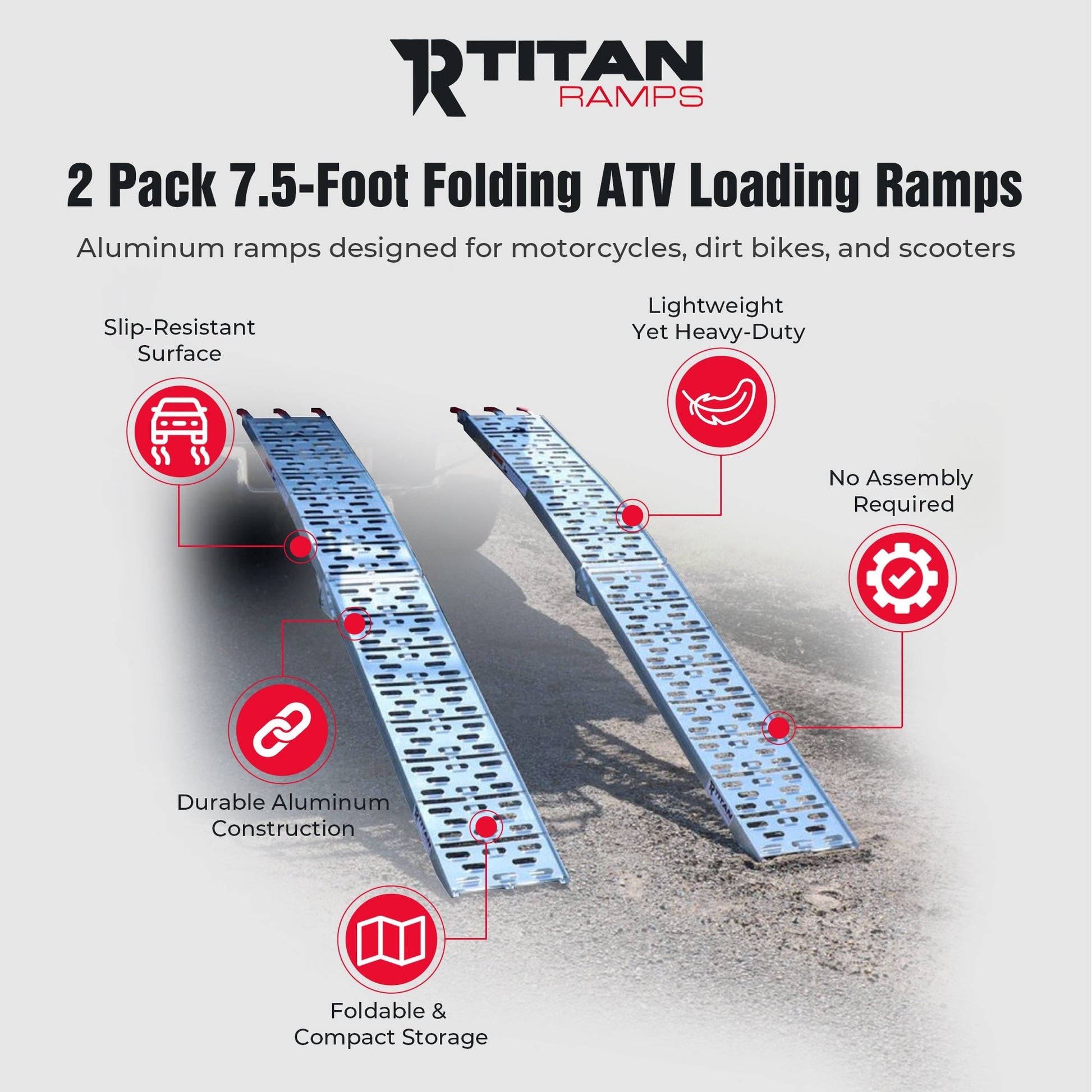 Titan Ramps 2 Pack 7.5’ Folding ATV Loading Ramps Arched Aluminum Design, Silver - Find Fresh Goods
