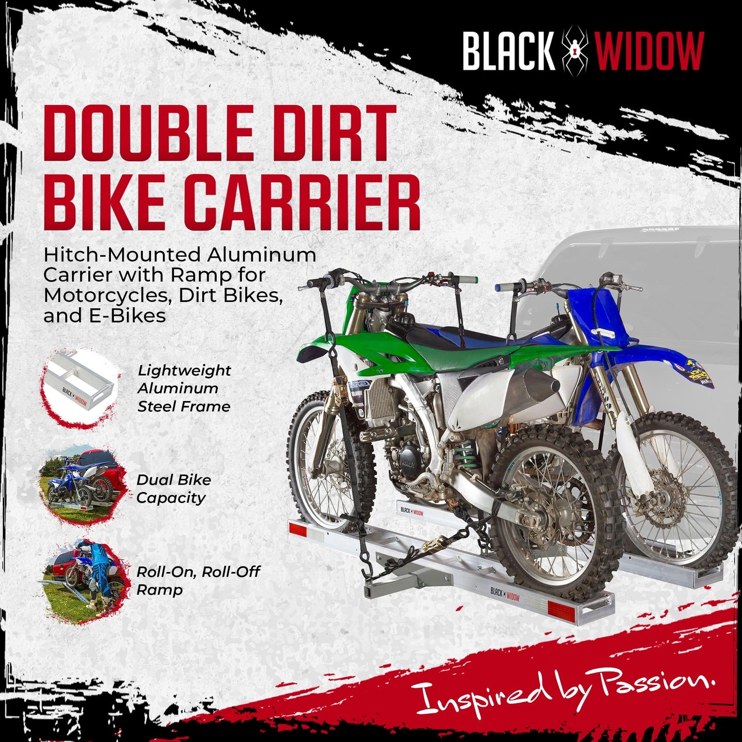 Black Widow Double Motorcycle Carrier with Ramp for 2" Hitch, 600 Pound Capacity - Find Fresh Goods
