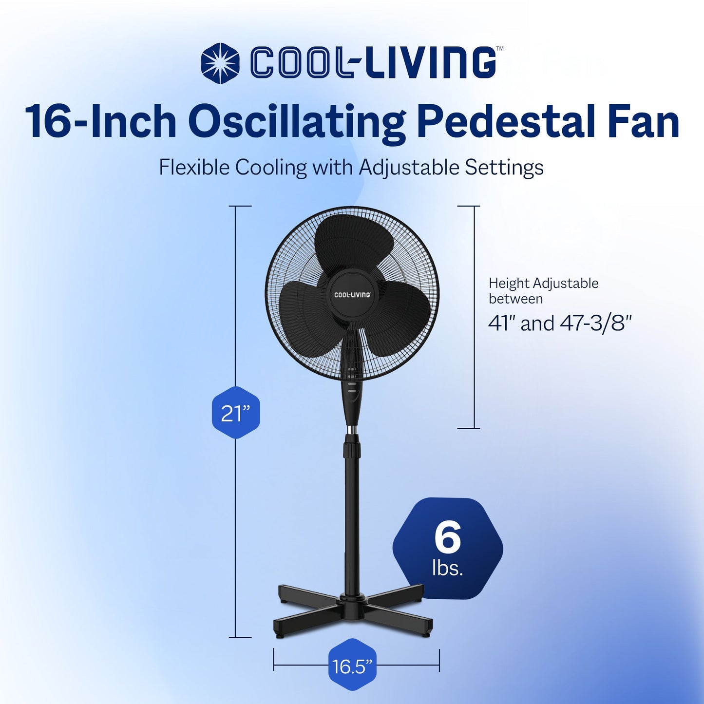 Cool-Living 16" Electric Oscillating Pedestal Fan with 3 Speed Options, Black