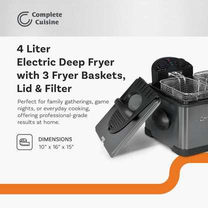 Complete Cuisine 4 Liter Electric Deep Fryer with 3 Fryer Baskets, Lid & Filter