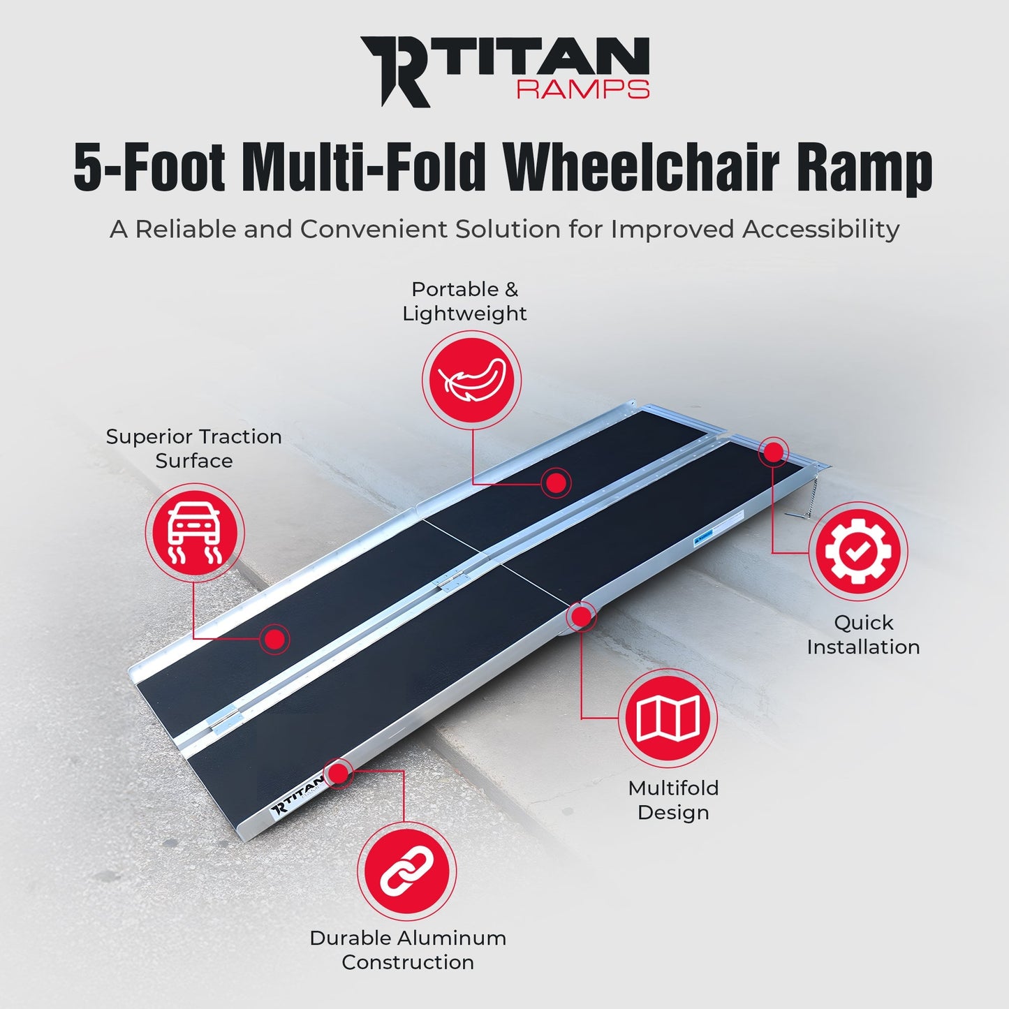 Titan Ramps 5 Foot Multi-Fold Grip Aluminum Wheelchair Ramp, 600 Pound Capacity - Find Fresh Goods