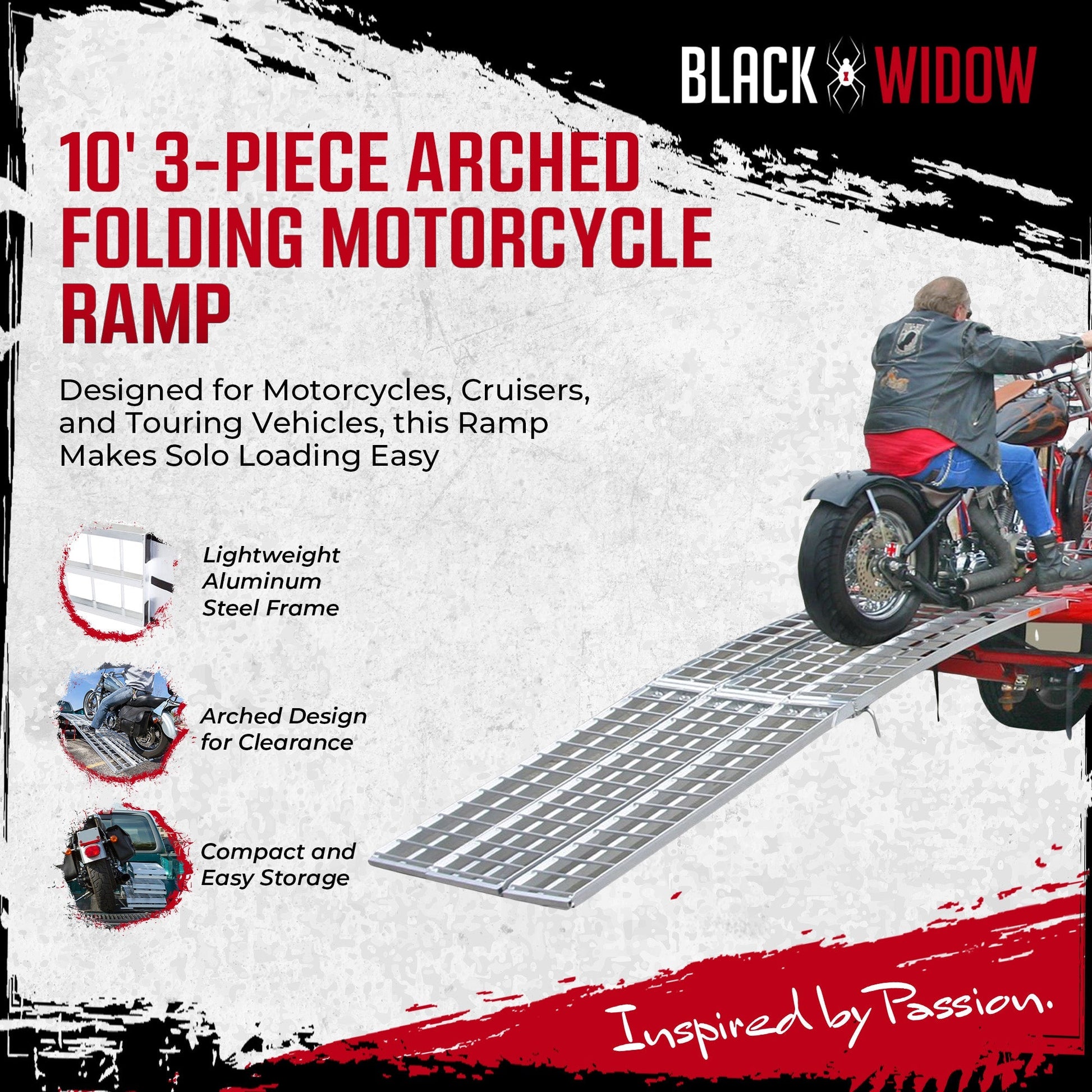 Black Widow 10’ Aluminum Folding Motorcycle Ramp, Arched 3 Piece Design, Silver - Find Fresh Goods