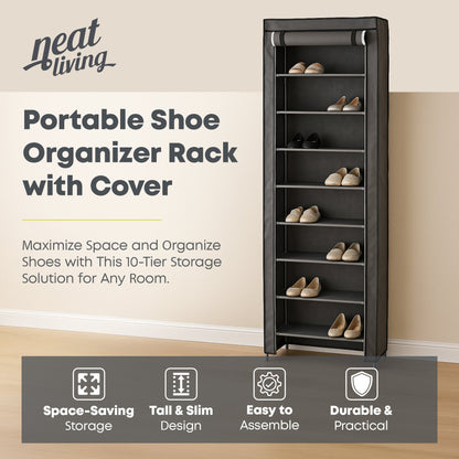 Neat Living Vertical 10 Tier Shoe Organizer Rack, Storage Shelves & Cover, Gray