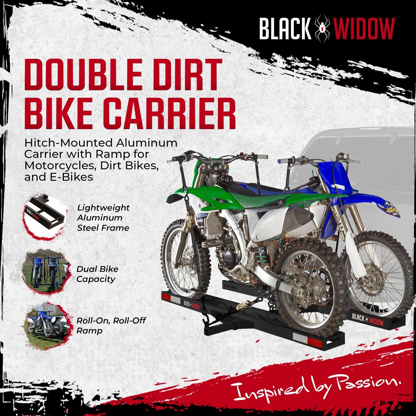Black Widow Pro Double Dirt Bike Carrier with Ramp for 2" Hitch, 600 lb Capacity - Find Fresh Goods