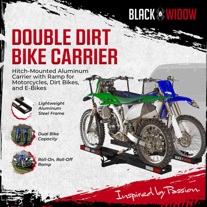 Black Widow Pro Double Dirt Bike Carrier with Ramp for 2" Hitch, 600 lb Capacity - Find Fresh Goods