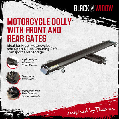 Black Widow Motorcycle Dolly with Front and Rear Gates for Loading and Unloading - Find Fresh Goods