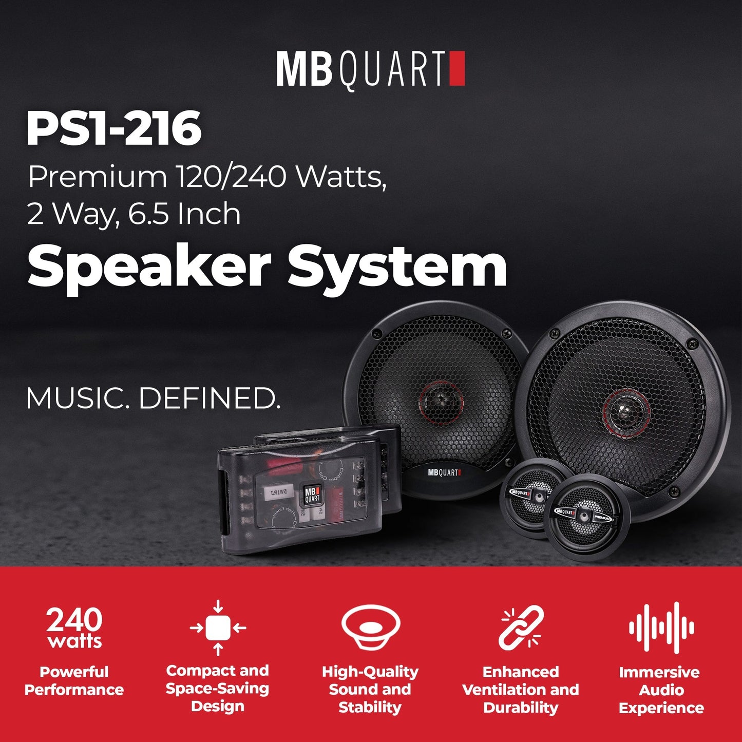 MB Quart PS1-216 Premium 6.5 Inch Car Speakers, 240 Watts, 2 Way, Black/Red - Find Fresh Goods
