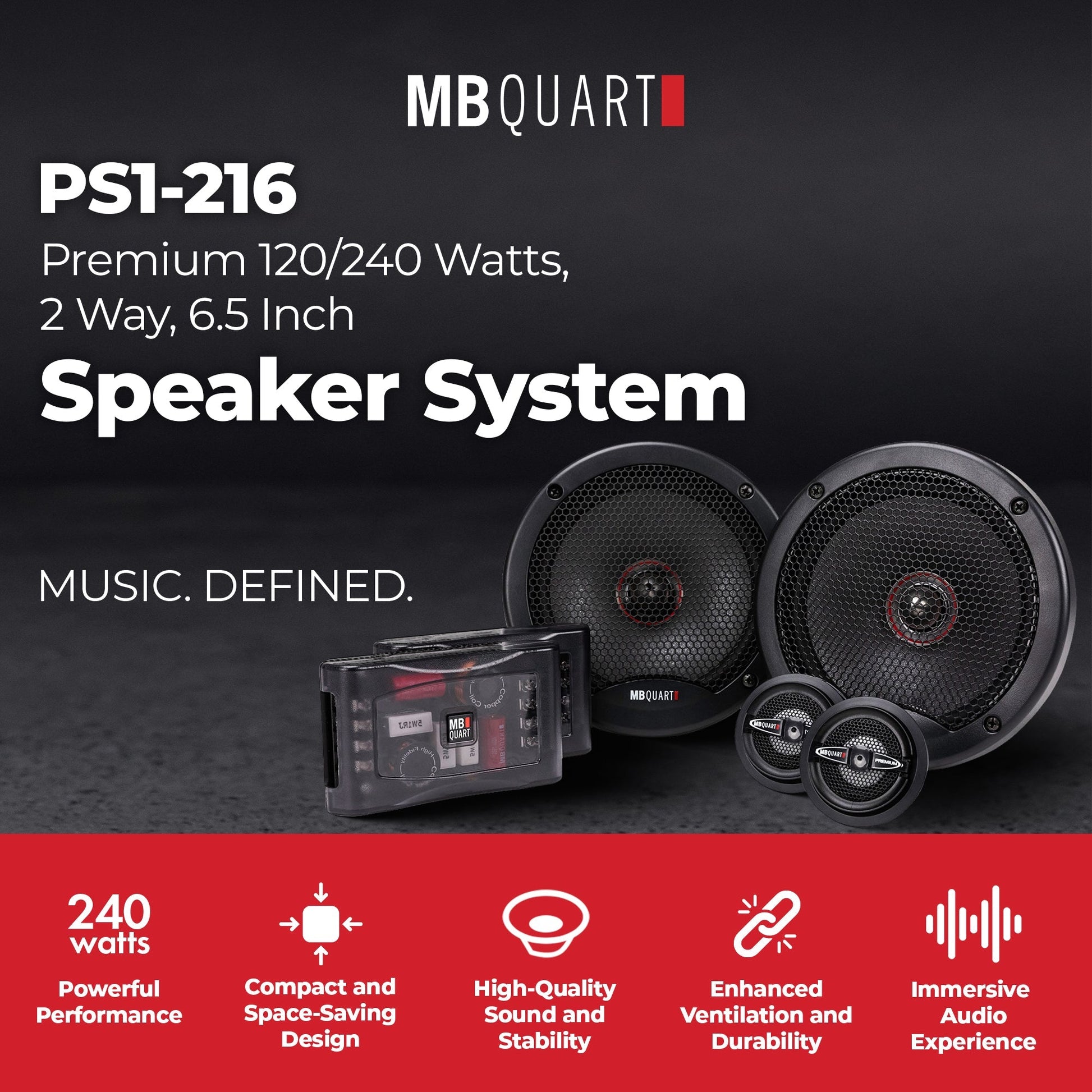 MB Quart PS1-216 Premium 6.5 Inch Car Speakers, 240 Watts, 2 Way, Black/Red - Find Fresh Goods