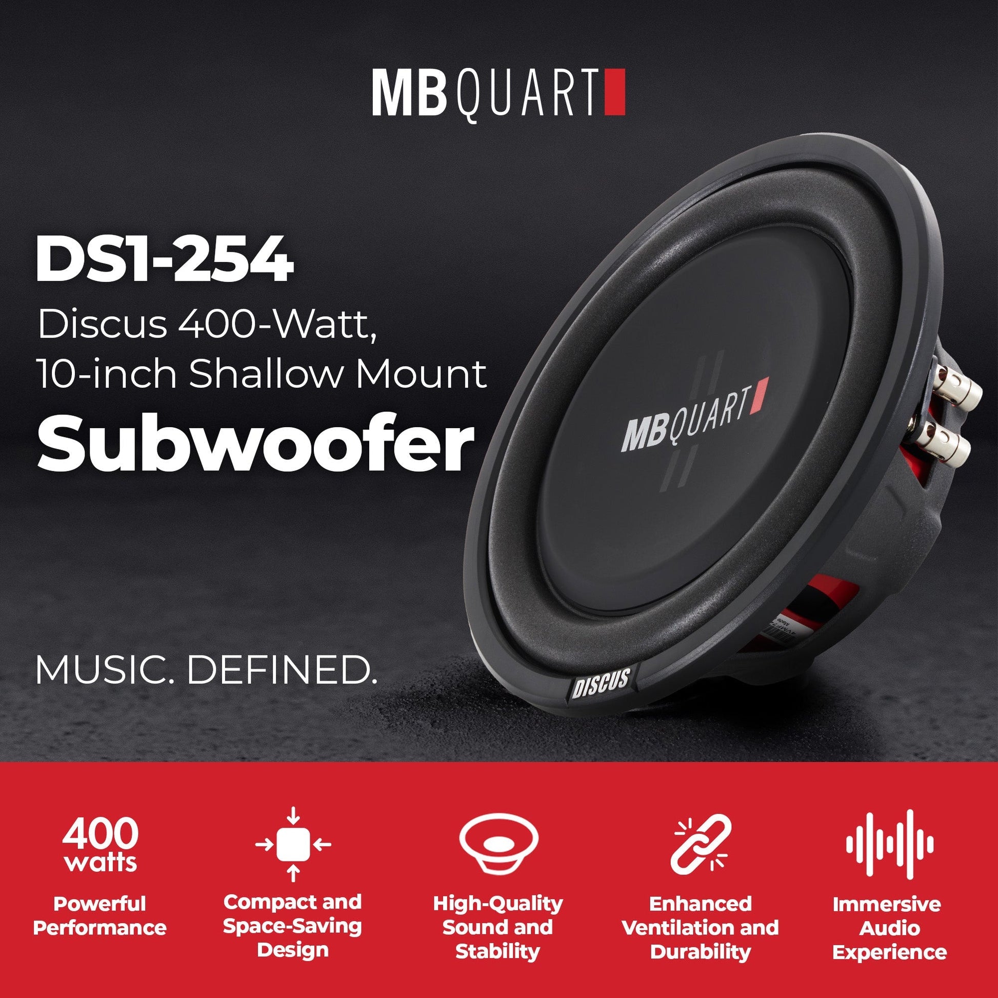 MB Quart DS1-254 200 Watt 4 Ohm 10 Inch Shallow Slim Subwoofer for Vehicles - Find Fresh Goods