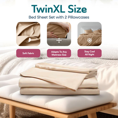 Sleepgram Viscose from Bamboo TwinXL Bed Sheet Set w/2 Pillowcases, Sand