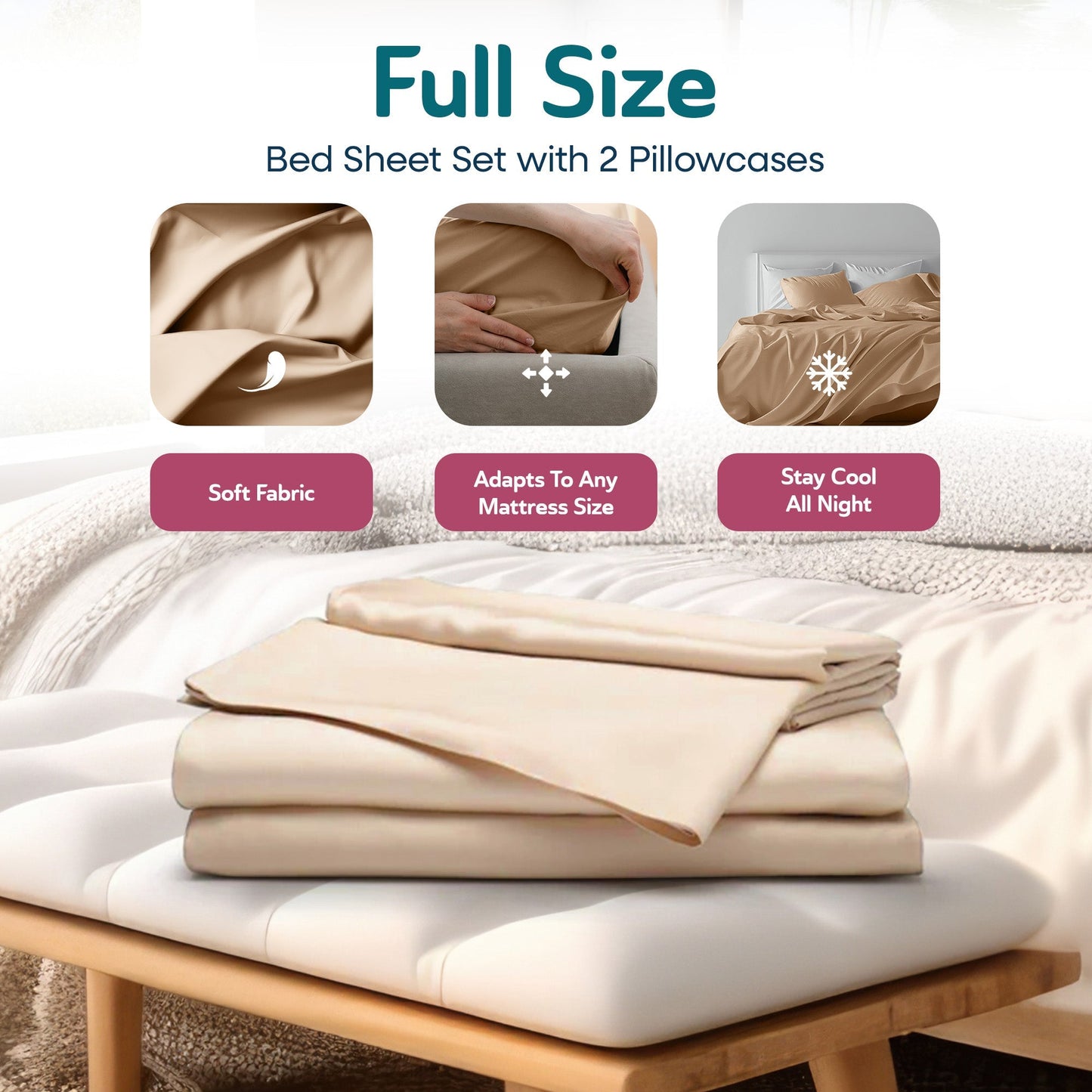 Sleepgram Viscose from Bamboo Full Bed Sheet Set with 2 Pillowcases, Sand