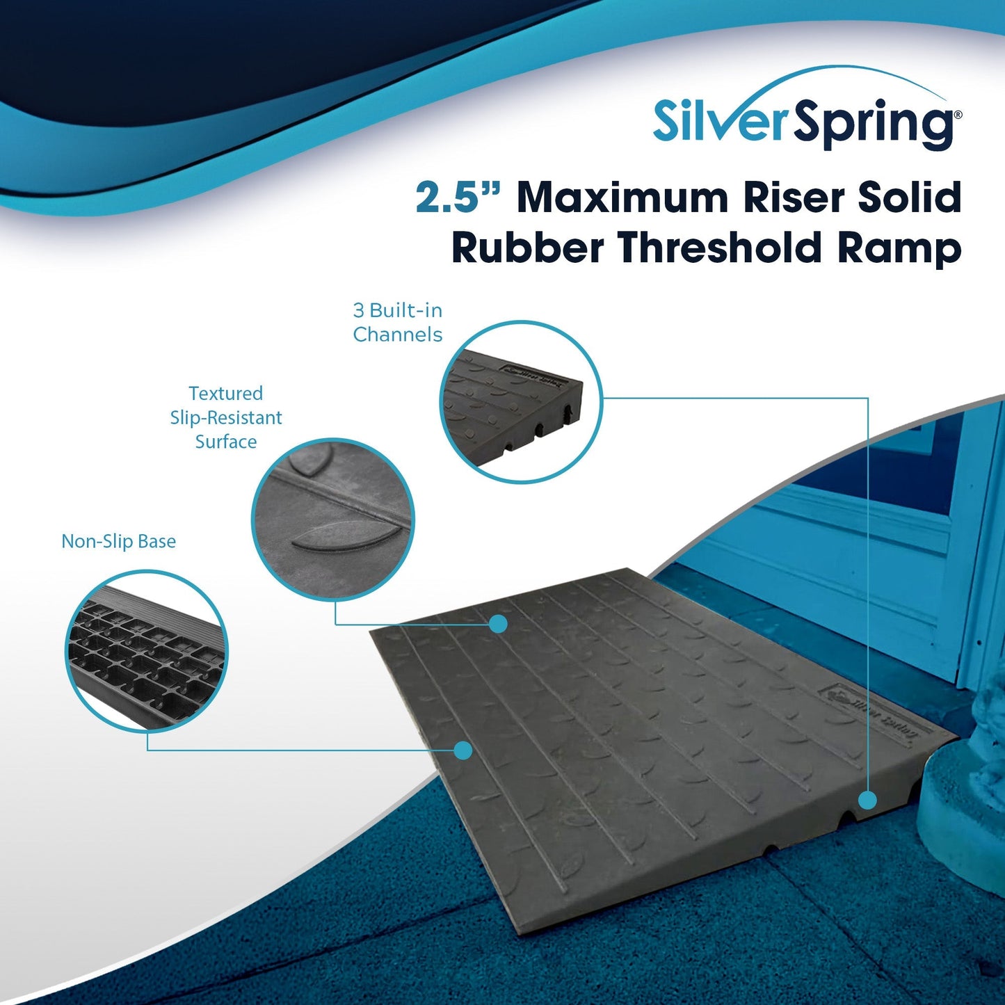 Silver Spring 2.5" Maximum Riser, Solid Rubber 3 Channel Threshold Ramp, Black - Find Fresh Goods