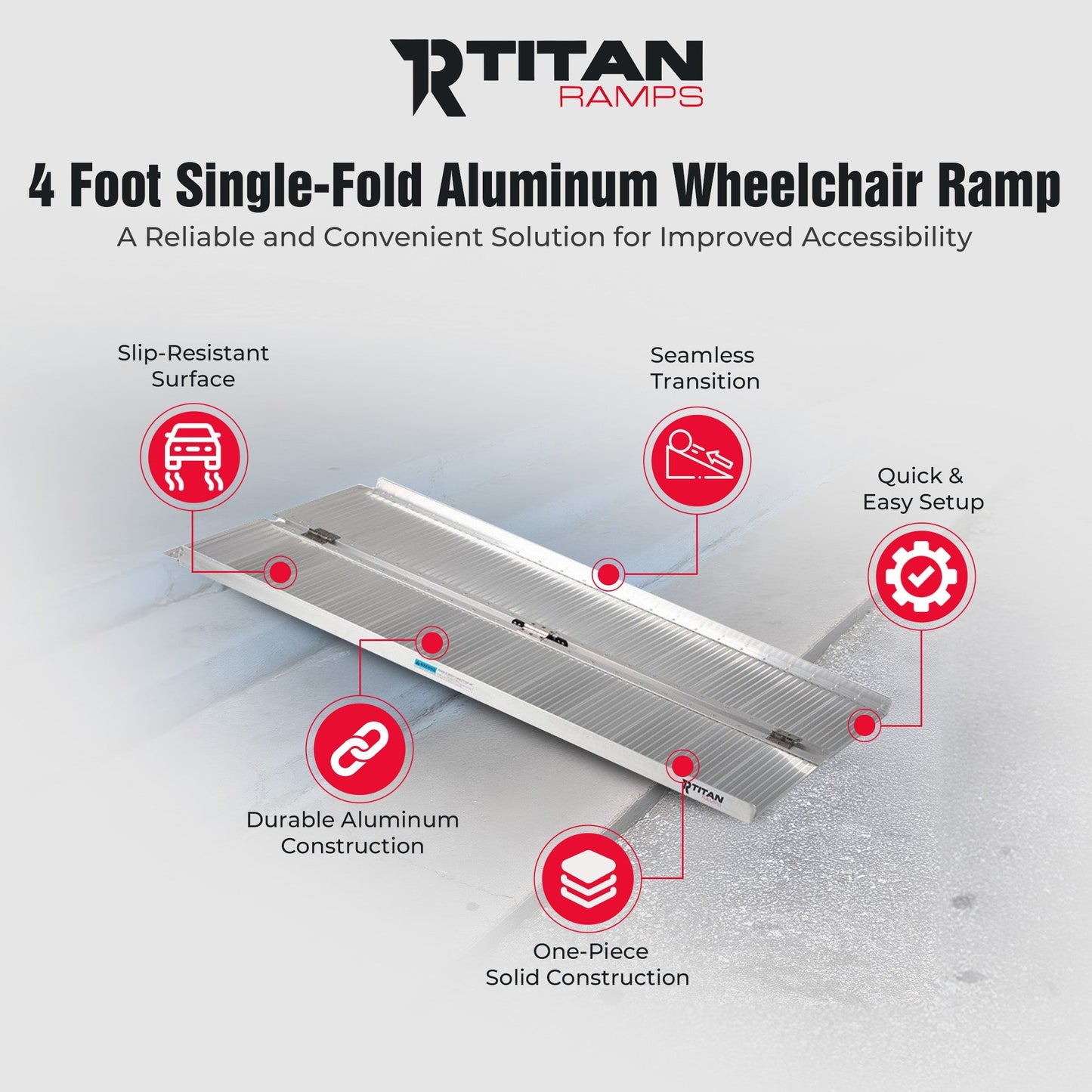 Titan Ramps 4 Foot Single-Fold Aluminum Wheelchair Ramp, 600 Pound Capacity