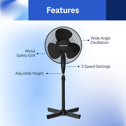 Cool-Living 16" Electric Oscillating Pedestal Fan with 3 Speed Options, Black