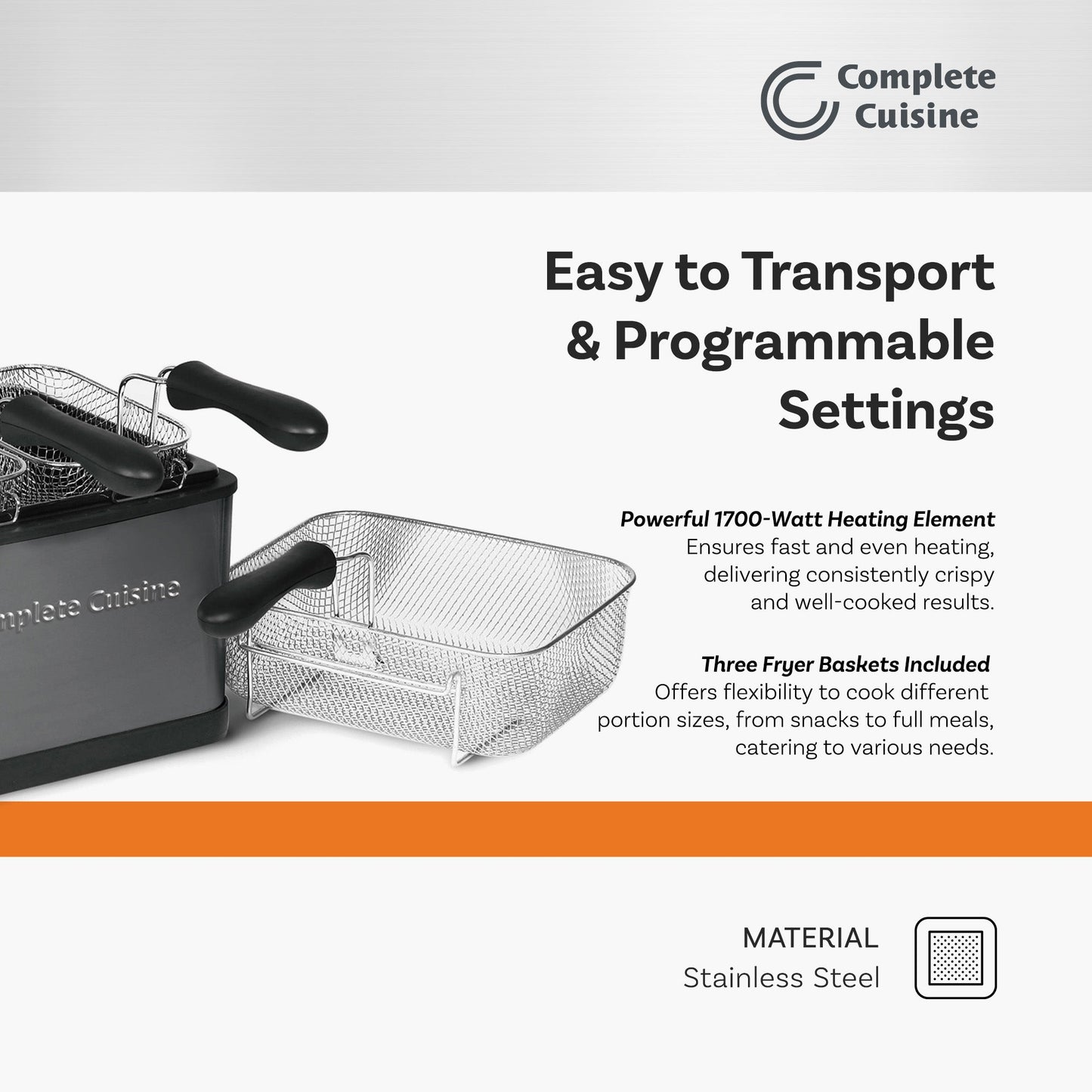 Complete Cuisine 4 Liter Electric Deep Fryer with 3 Fryer Baskets, Lid & Filter