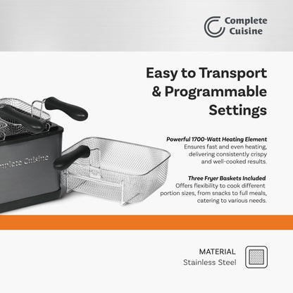 Complete Cuisine 4 Liter Electric Deep Fryer with 3 Fryer Baskets, Lid & Filter