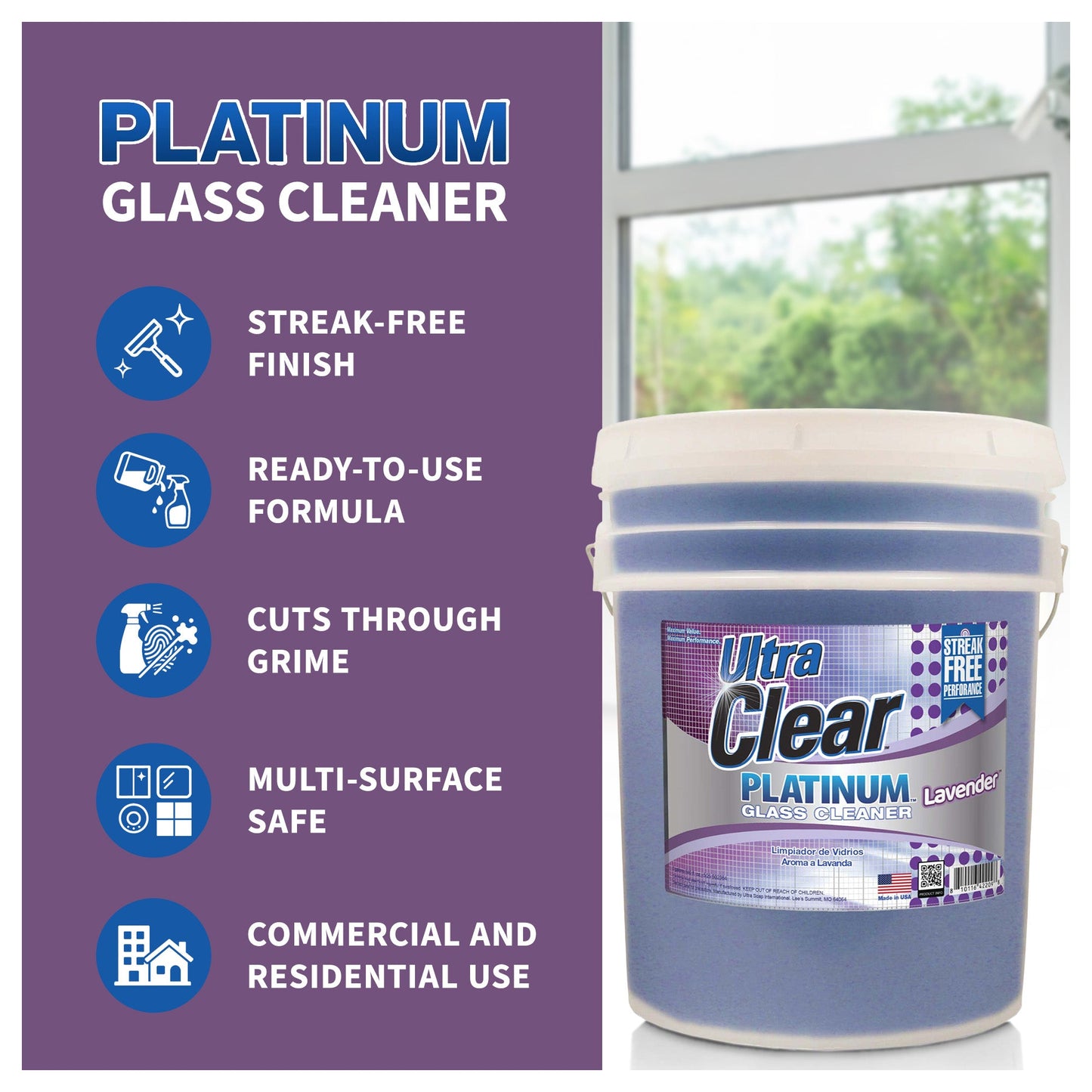 Ultra Clear Platinum Glass Cleaner, Streak-Free Shine, Lavender Fresh, 5 Gallons
