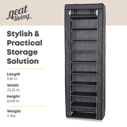 Neat Living Vertical 10 Tier Shoe Organizer Rack, Storage Shelves & Cover, Gray