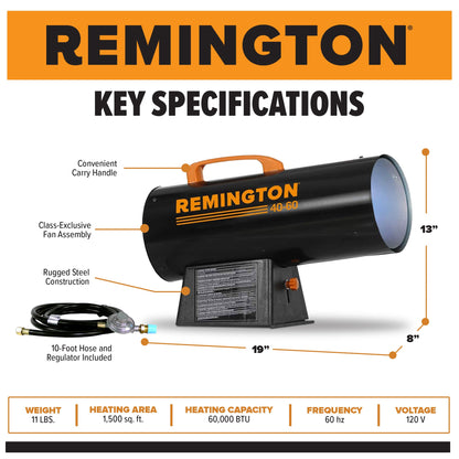 Remington Portable 60,000 BTU Propane Forced Air Space Heater, Tank Not Included