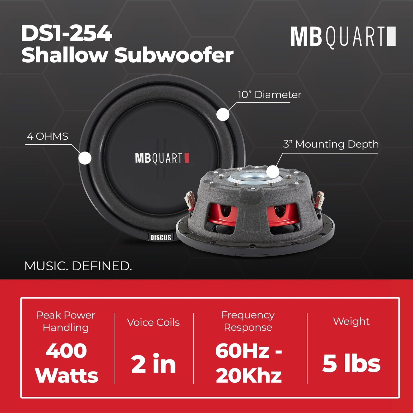 MB Quart DS1-254 200 Watt 4 Ohm 10 Inch Shallow Slim Subwoofer for Vehicles - Find Fresh Goods