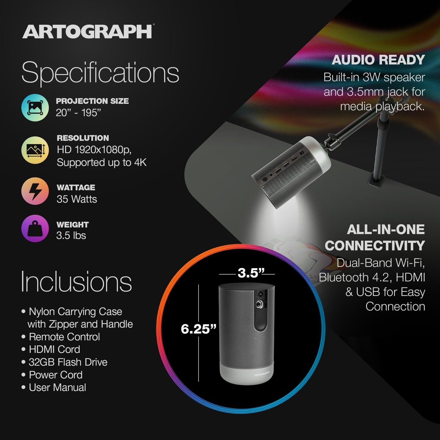 Artograph Smart LED Art Projector, Auto Focus Grids + Adjustable Projector Stand