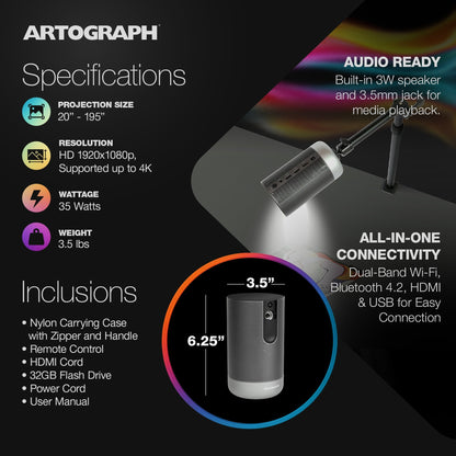 Artograph Smart LED Art Projector, Auto Focus Grids + Adjustable Projector Stand