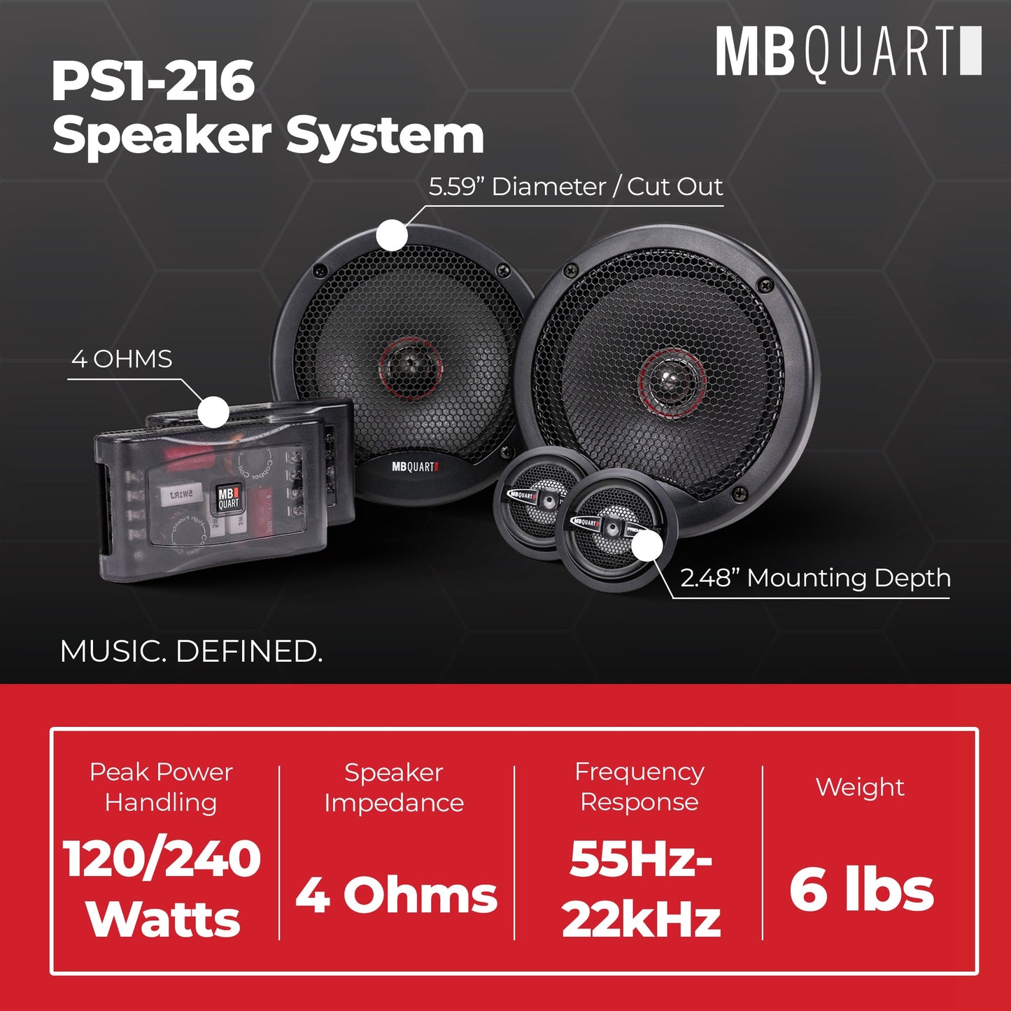 MB Quart PS1-216 Premium 6.5 Inch Car Speakers, 240 Watts, 2 Way, Black/Red - Find Fresh Goods