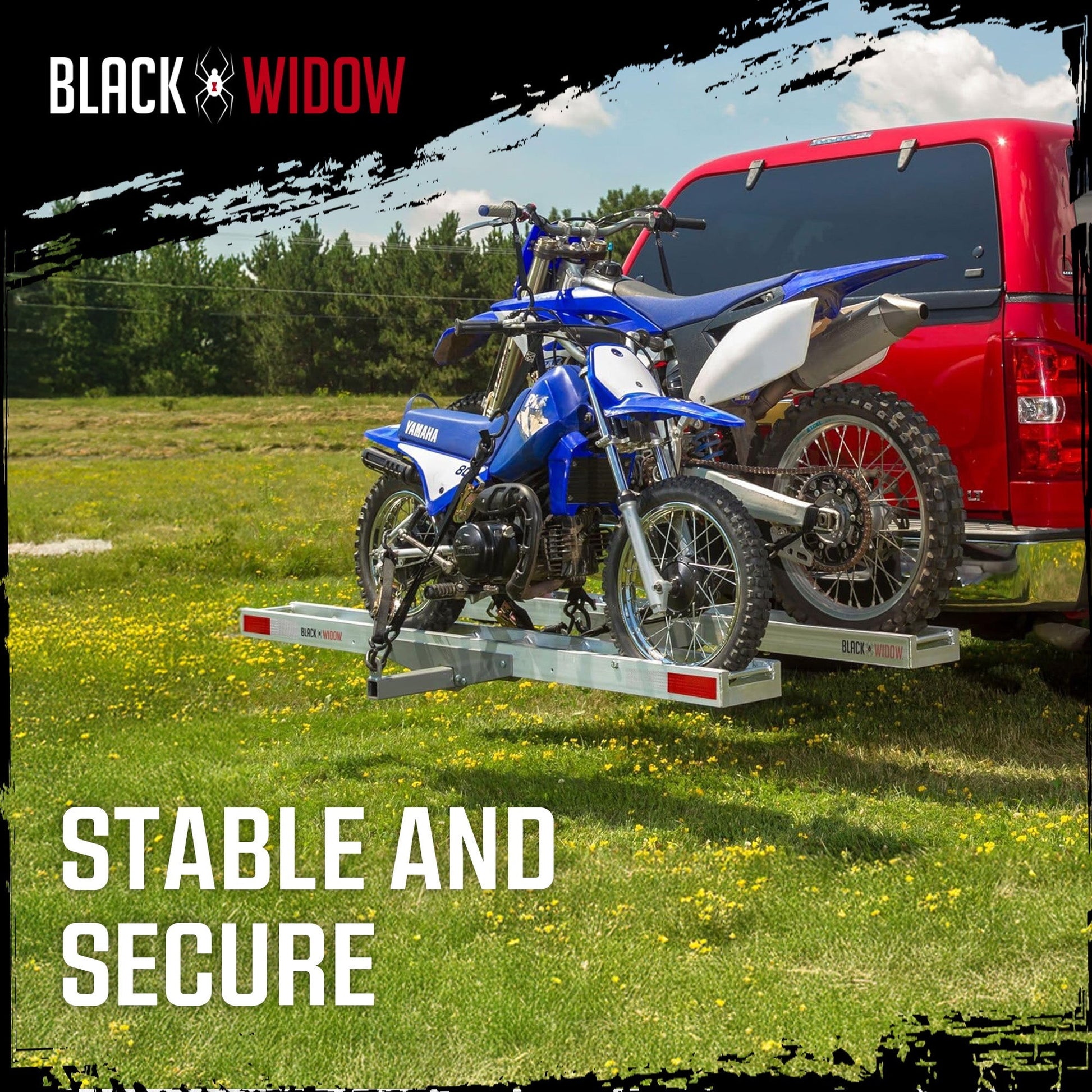 Black Widow Double Motorcycle Carrier with Ramp for 2" Hitch, 600 Pound Capacity - Find Fresh Goods