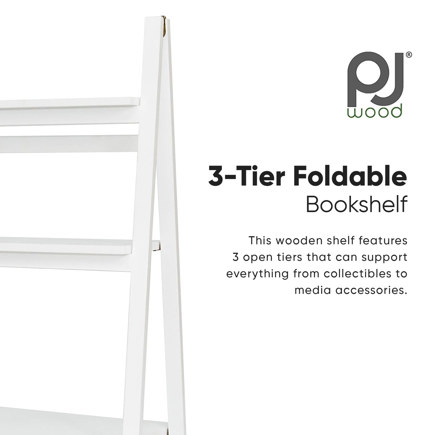 PJ Wood 3 Tier Foldable Bookshelf Wooden Storage Rack Home Display Stand, White