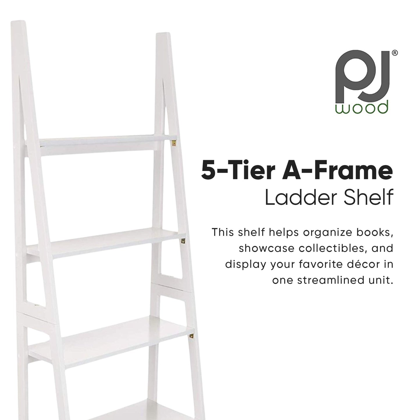 PJ Wood 5 Tier Wooden Ladder Shelf Organizer Bookcase Home Display Stand, White